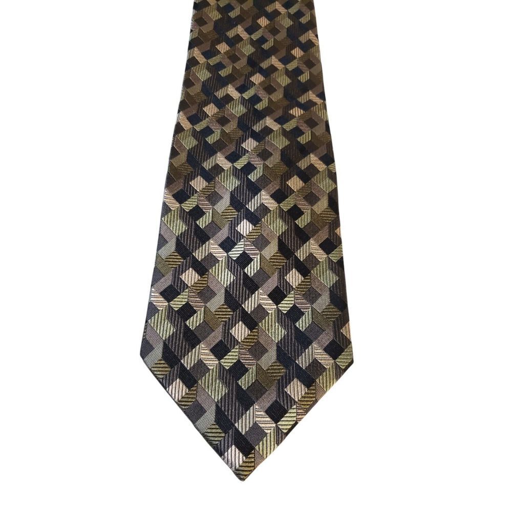 Geoffrey Beene‎ Mens Tie Necktie Silk Black Gray Green Geometric Pre-Loved Suit